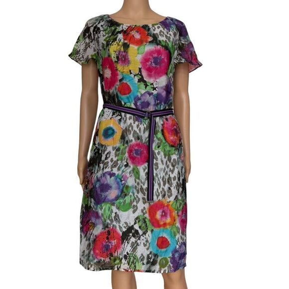Hauber silk blend floral water colors dress with belt size M - Picture 1 of 8